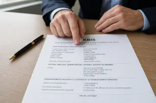 Document Kbis sur un bureau moderne, mains d’un professionnel pointant des lignes, ambiance lumineuse et studieuse.