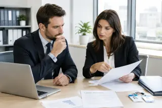 Two business professionals in a modern office carefully reviewing documents and supplier information at a meeting table, suggesting a secure and diligent purchasing process.