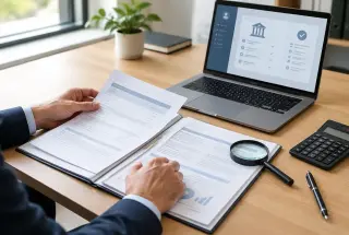 Bureau professionnel avec des documents administratifs français vérifiés à l’aide d’un ordinateur et d’une loupe.